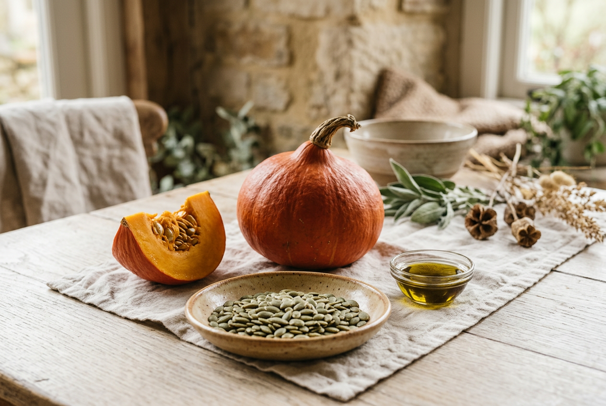 Pumpkin and a cut wedge beside green pumpkin seeds and a small glass dish of oil on cream linen.