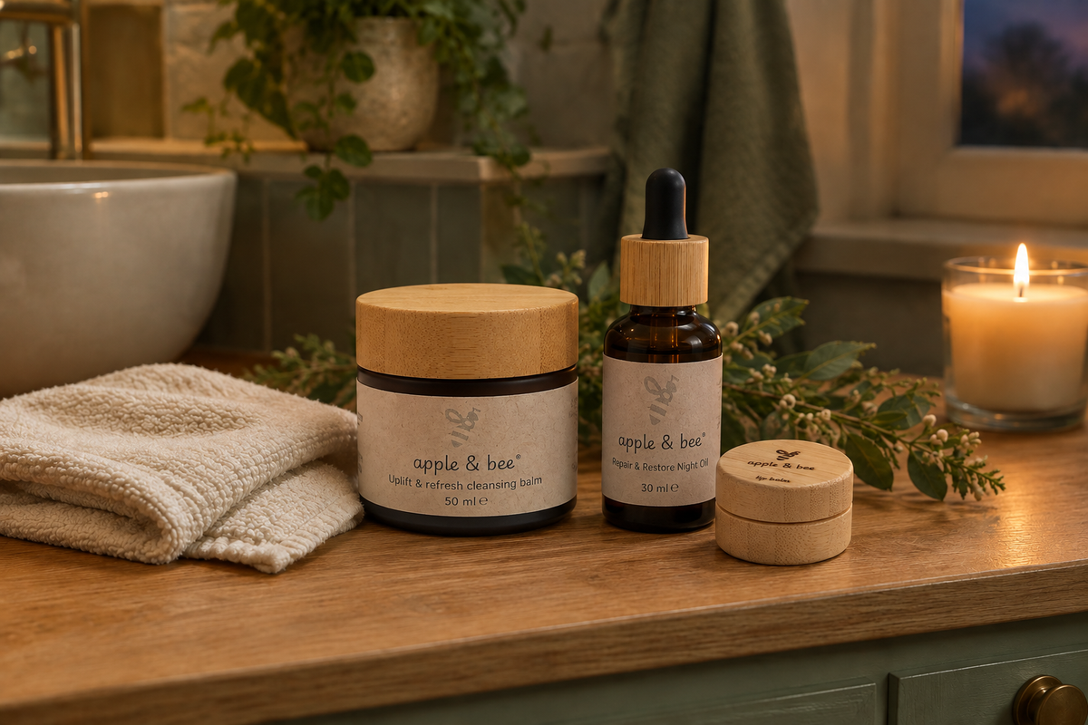 apple & bee cleansing balm, Repair & Restore Night Oil and Nourishing Lip Balm beside a cream face cloth and candle in a softly lit bathroom.