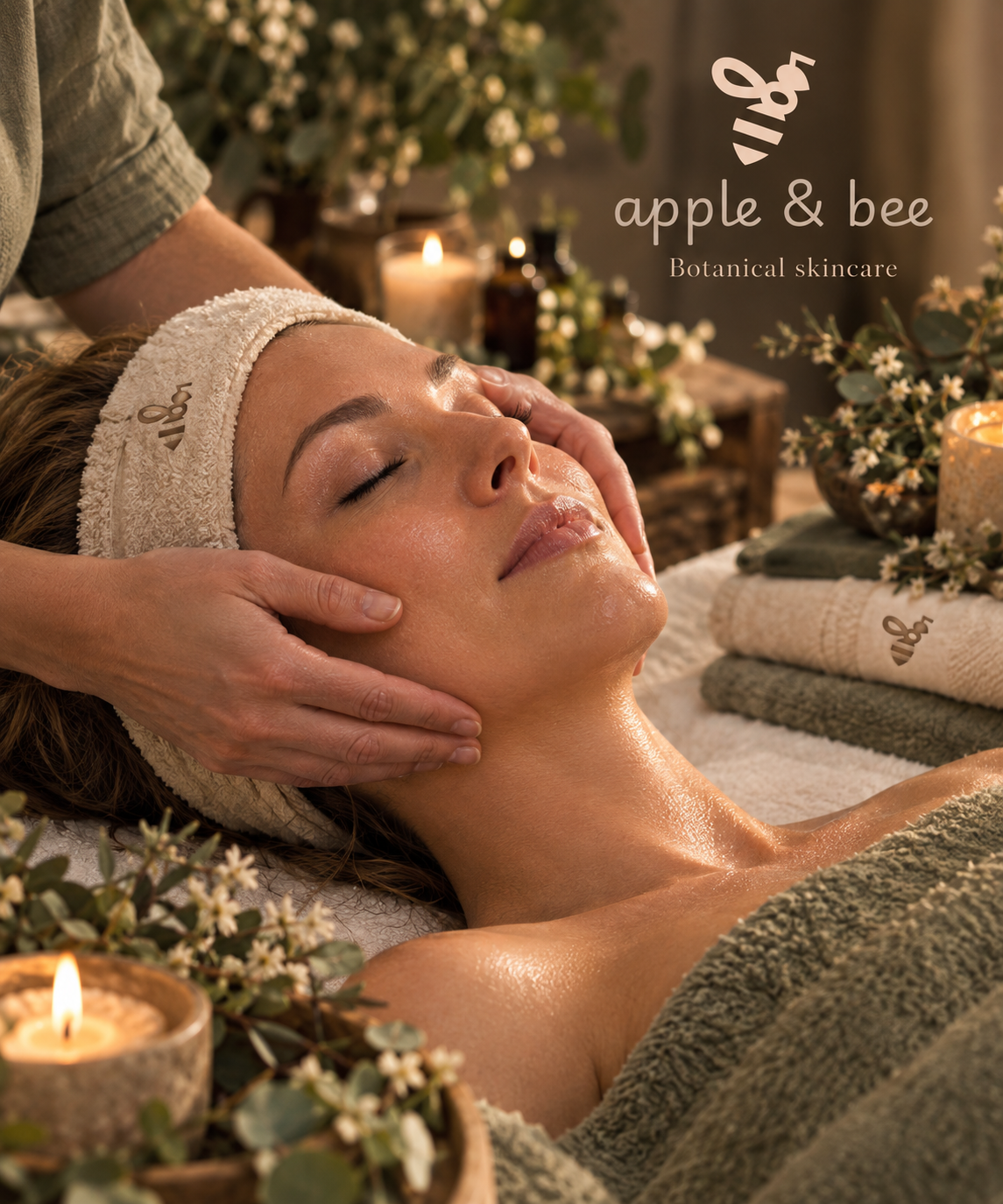 A woman receiving a relaxing facial oil massage on a beauty couch, surrounded by towels and botanicals