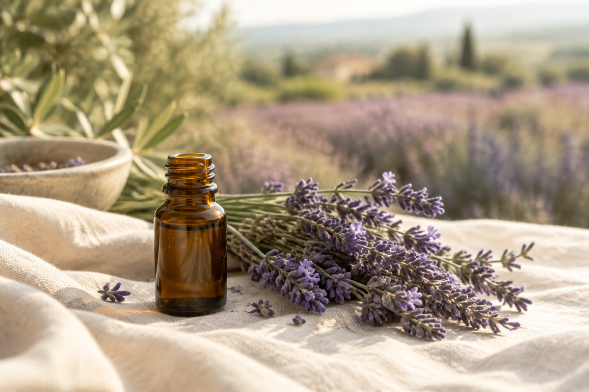 Amber essential-oil bottle beside French lavender on cream linen, with a lavender field in the background.