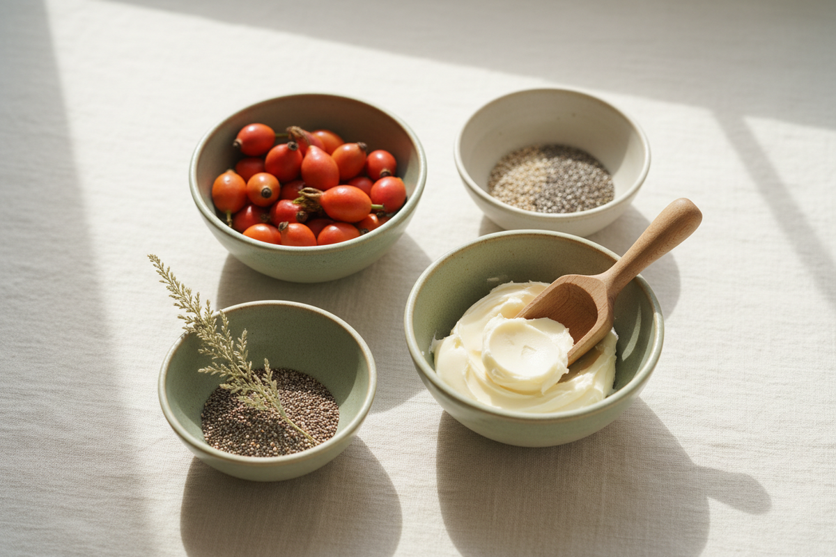 Raw natural ingredients, rosehips, shea butter and seeds in small bowls on pale linen