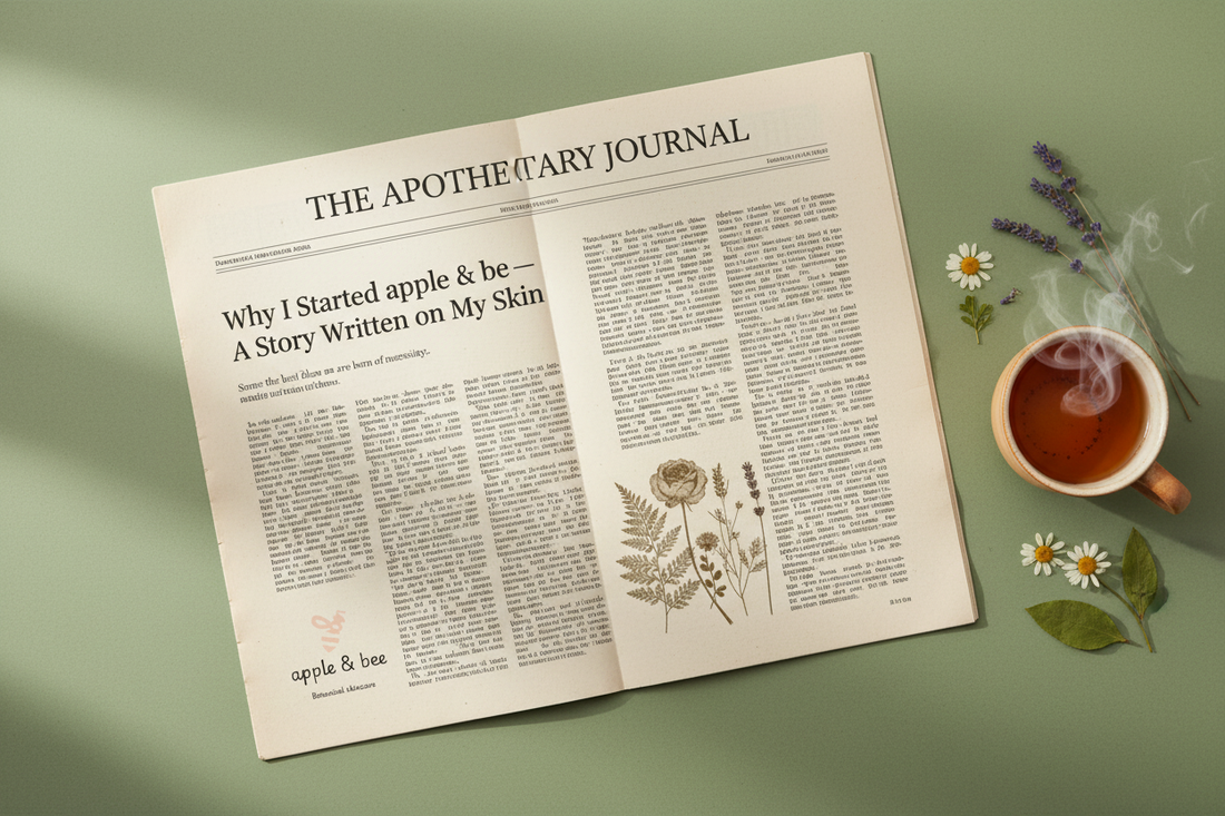 The Apothecary Journal open newspaper flatlay with apple & bee botanical skincare branding, cup of tea and dried botanicals