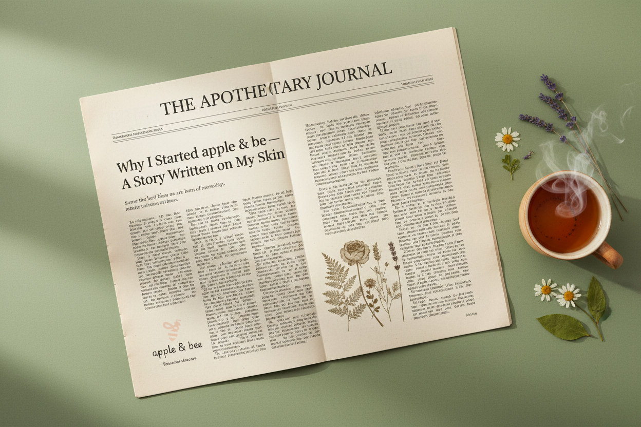 The Apothecary Journal open newspaper flatlay with apple & bee botanical skincare branding, cup of tea and dried botanicals