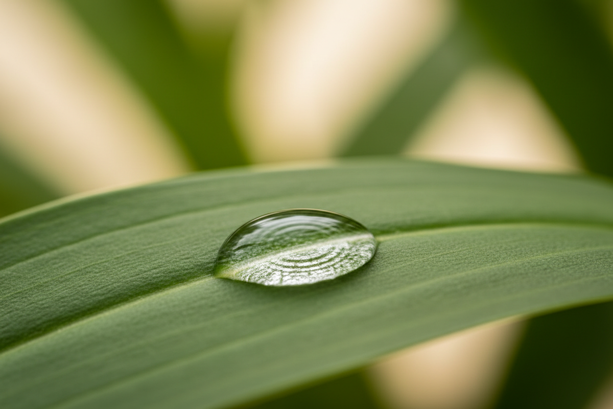 Water droplet on a green botanical leaf with ripple effect