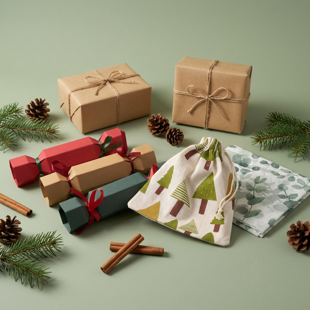 Botanical Christmas gift wrapping with kraft boxes, twine, pine cones and cinnamon