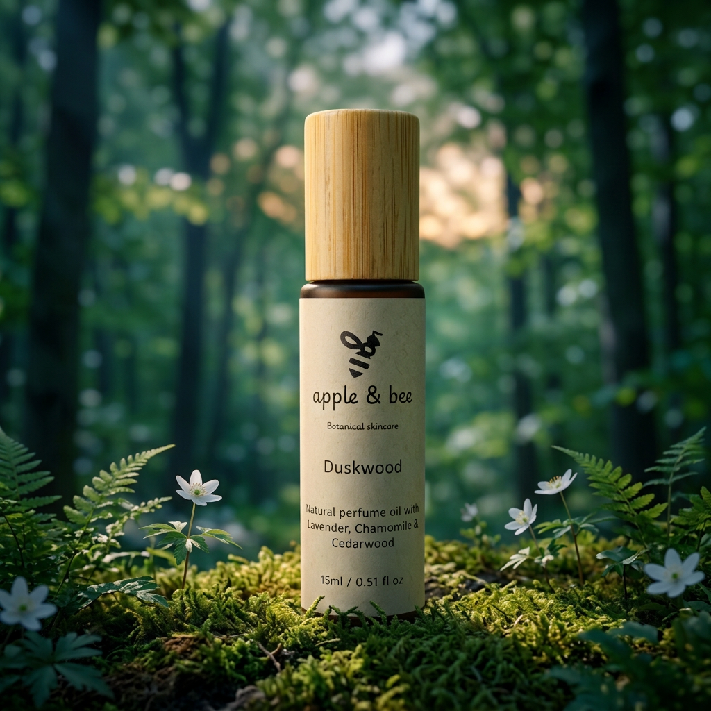 Duskwood perfume roller in a softly lit evening forest