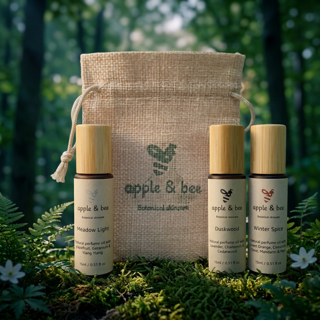 Evening perfume trio with one bottle left and two right, leaving the bag branding visible