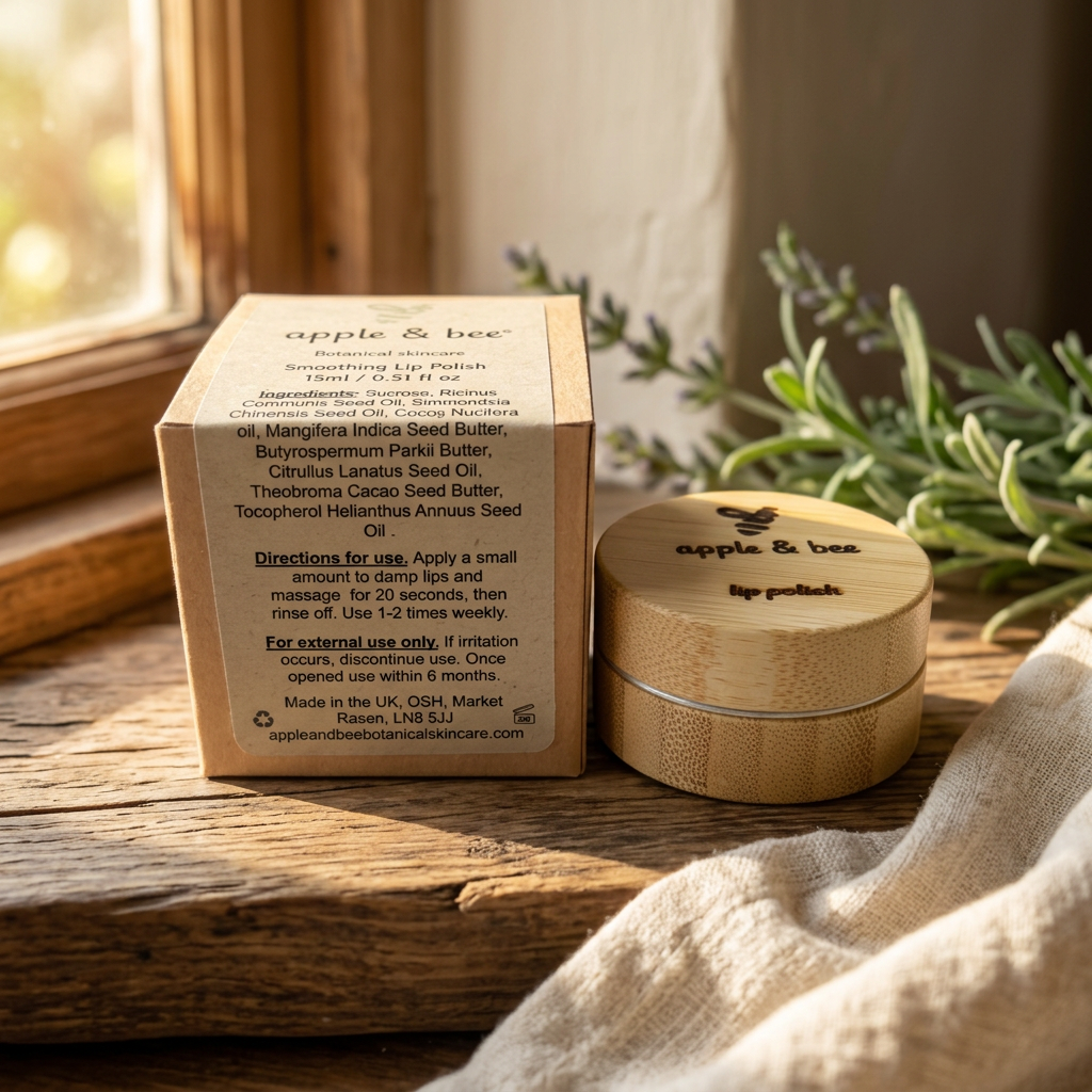 Lip Polish on a rustic wooden window ledge with cream linen, botanicals and warm sunlight