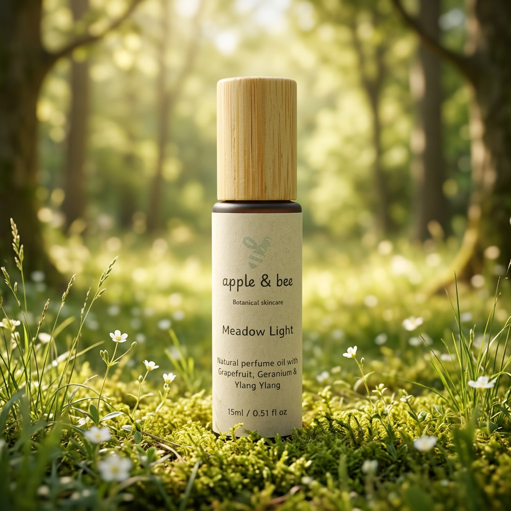 Meadow Light perfume roller in a sunlit grassy woodland clearing with trees behind