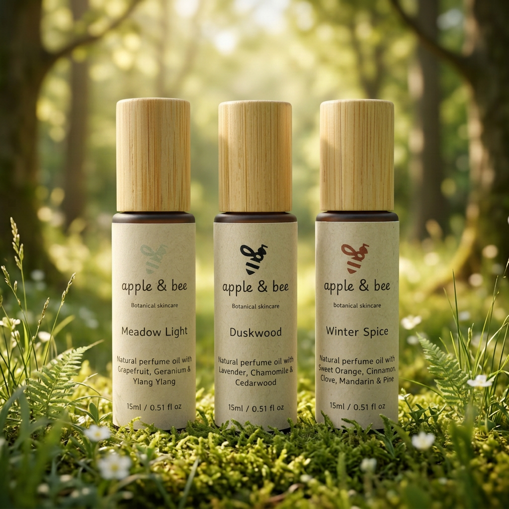 Natural perfume oil roller trio in a softly sunlit woodland setting