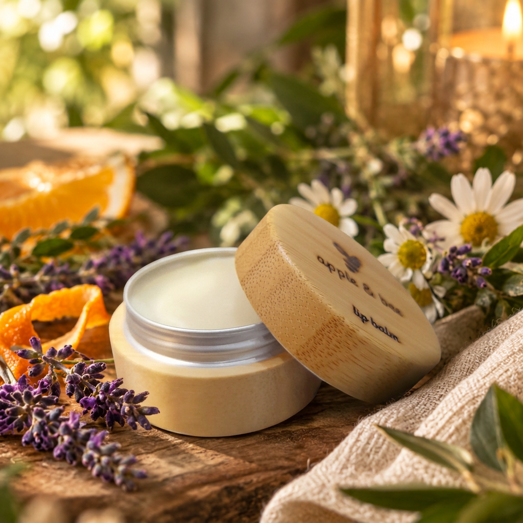 Open lip balm in a warm botanical scene with lavender and orange
