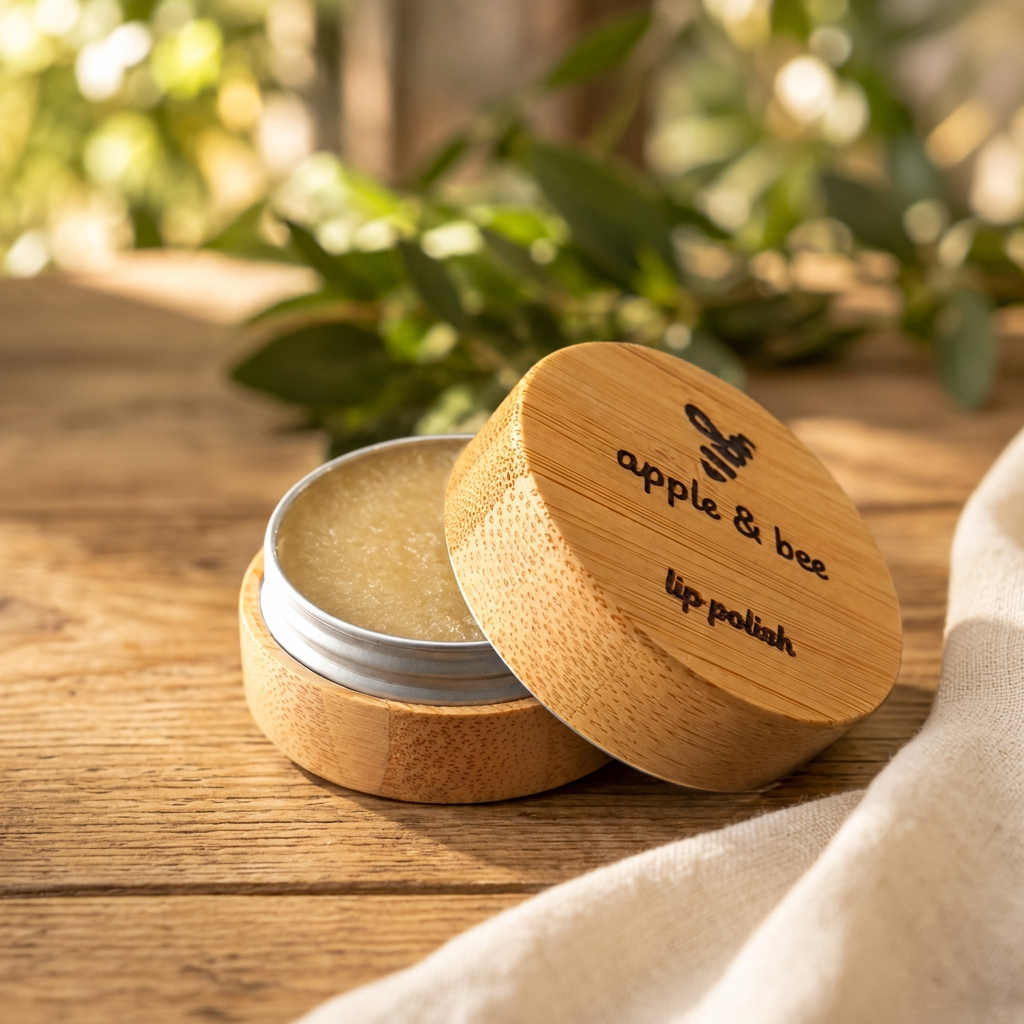 Open lip polish with its bamboo lid on rustic wood in warm natural light