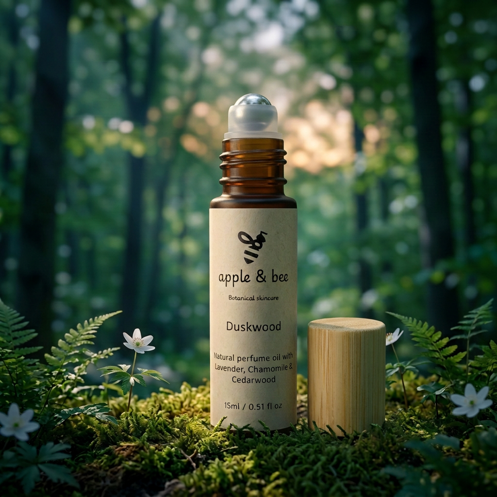 Uncapped Duskwood perfume roller in an evening forest