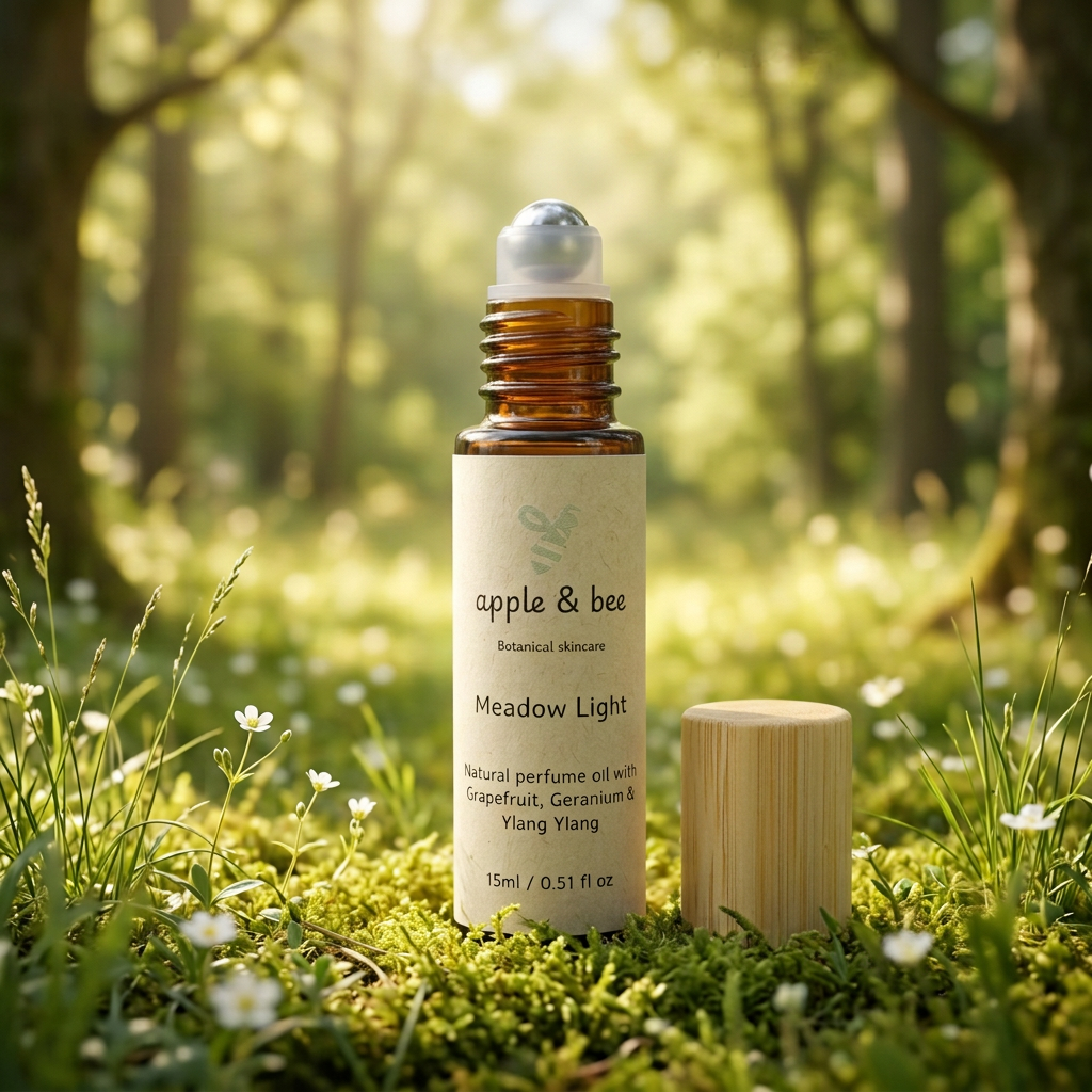 Uncapped Meadow Light perfume roller with bamboo lid in a sunlit woodland clearing