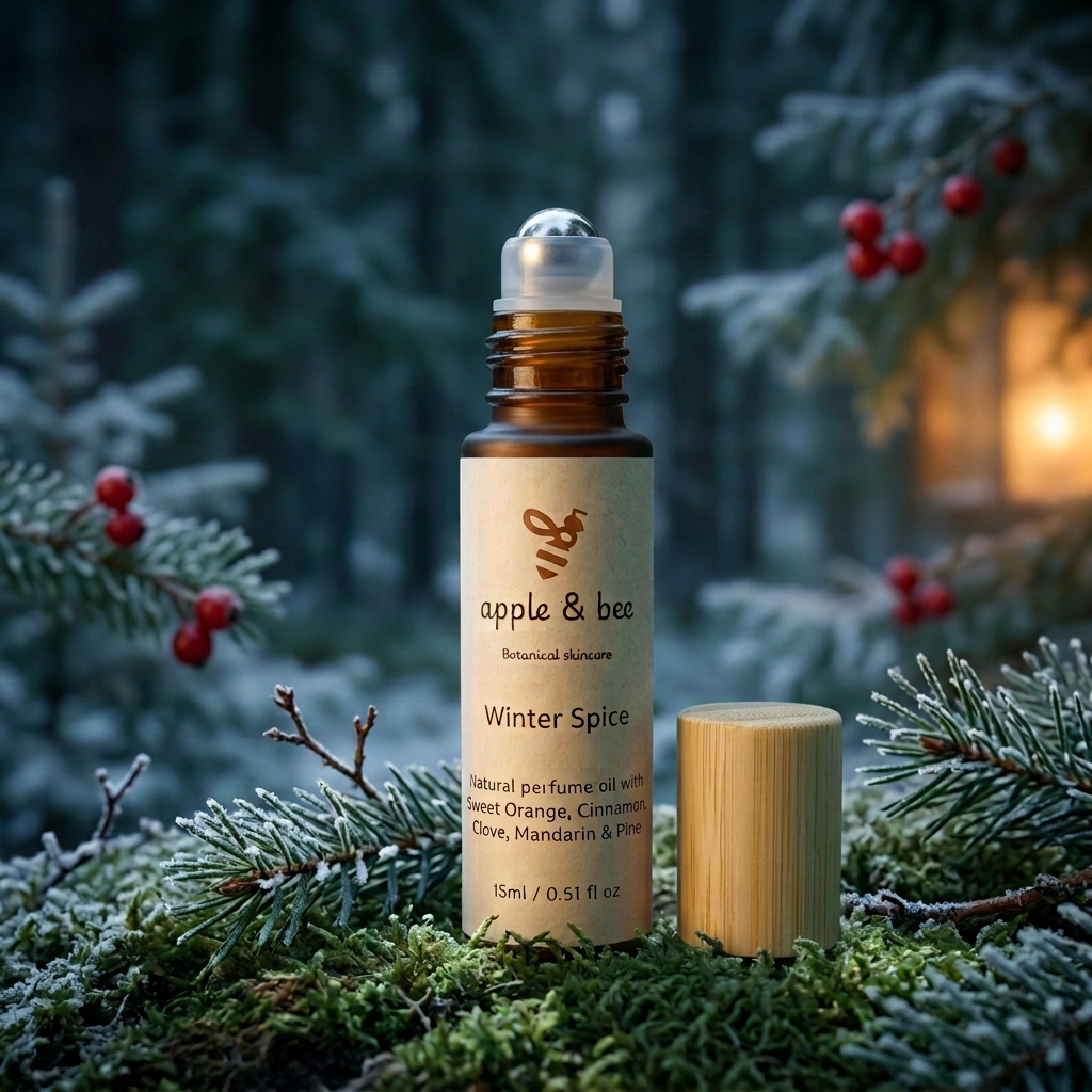 Uncapped Winter Spice perfume roller in a frosty forest with red berries